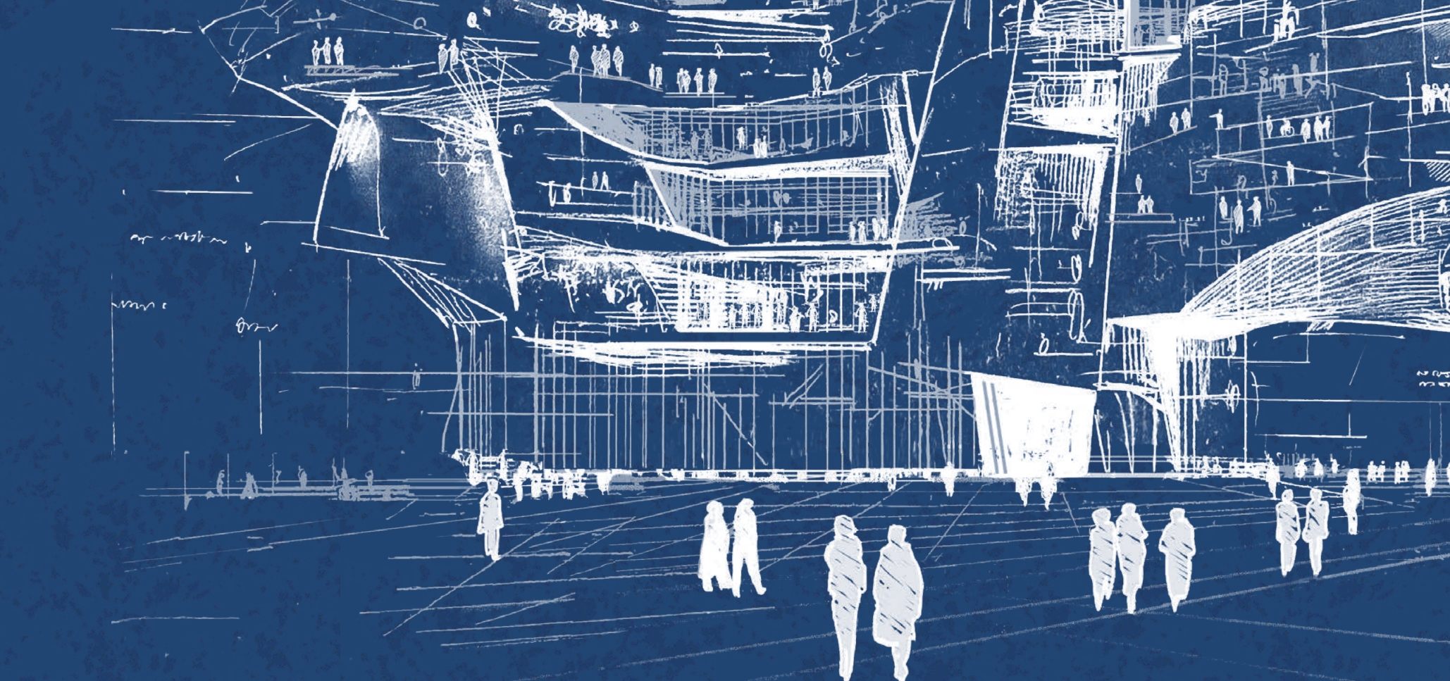 Blueprint style picture showing humans in front of an office building